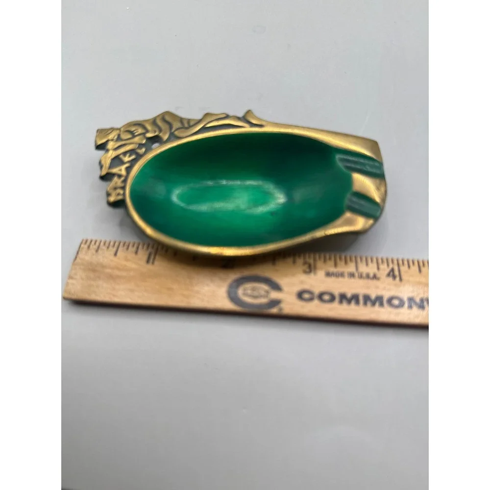 Vintage Israel Brass and Green Enamel Trinket Dish Ashtray Ornate Relief 4in - Picture 5 of 8